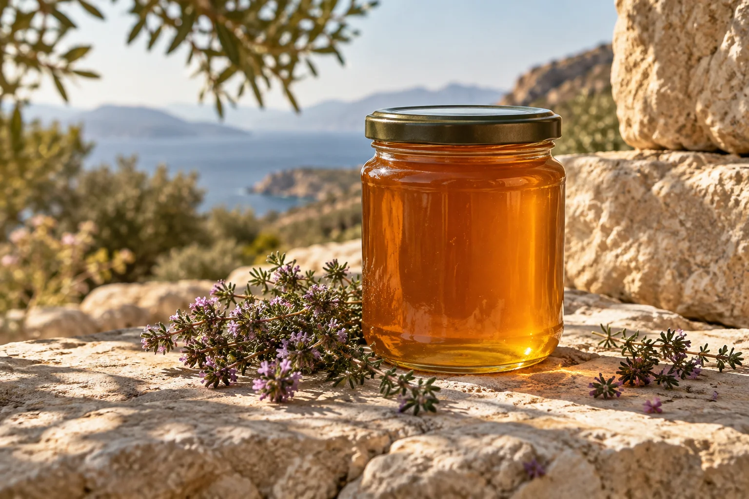 Ενδεικτική εικόνα: βάζο με μέλι και μικρά ανθισμένα κλαδάκια θυμαριού